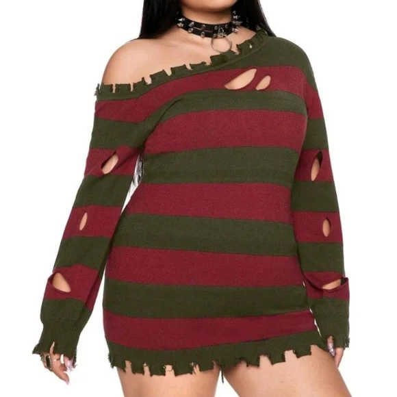 NWT Striped Off-Shoulder Freddy Krueger Inspired Striped Sweater Dress 🖤 - Picture 5 of 9